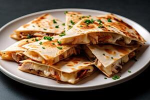 Stock photo de Quesadilla poulet Mexique dans assiette mexicain nourriture Haut vue nourriture la photographie génératif ai