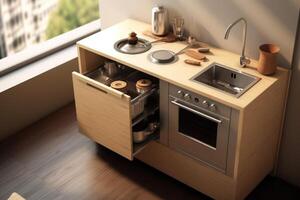 Stock photo de une minimaliste cuisine le fourneau avec évier petit cabinet la photographie génératif ai