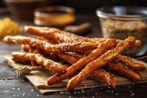 Stock photo de bretzel des bâtons ou bretzels dans le cuisine table professionnel nourriture la photographie ai généré