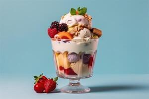 Stock photo de la glace crème collection avec Plastique verre mélanger des fruits nourriture la photographie génératif ai