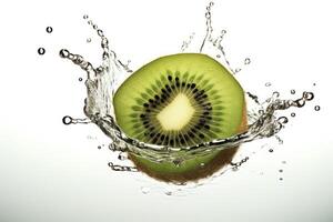 Stock photo de tranche kiwi laissez tomber à l'eau avec éclaboussure éditorial nourriture la photographie génératif ai