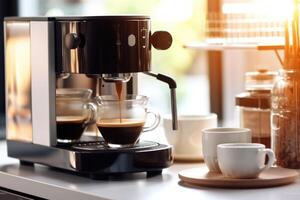 Stock photo de faire moderne moudre café fabricant dans le cuisine table nourriture la photographie génératif ai