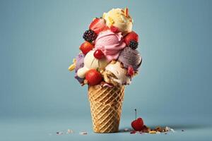 Stock photo de la glace crème collection avec cône mélanger des fruits Garniture nourriture la photographie génératif ai