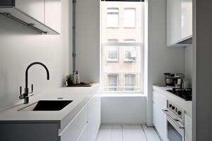 Stock photo de une minuscule minimaliste cuisine le fourneau avec évier petit appartement la photographie génératif ai