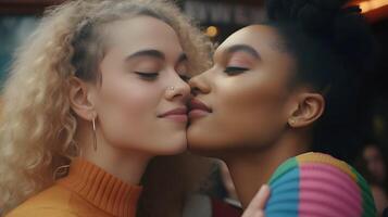 lesbienne couple embrasser, lgbt, fierté, ai généré photo