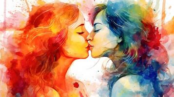 lesbiennes embrasser aquarelle fond d'écran, lgbt fierté mois fête, ai généré photo