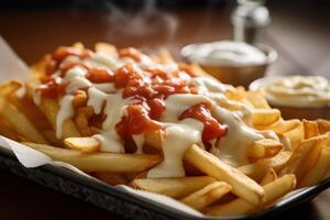 Stock photo de frit frites avec tomate sauce et Mayonnaise nourriture la photographie génératif ai