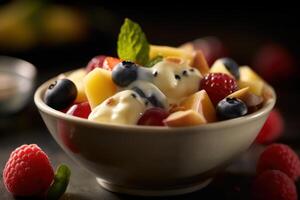 Stock photo de fruit salade avec fromage et Mayonnaise éditorial nourriture la photographie génératif ai