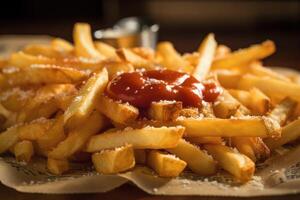 Stock photo de frit frites avec tomate sauce et Mayonnaise nourriture la photographie génératif ai