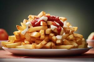 Stock photo de frit frites avec tomate sauce et Mayonnaise nourriture la photographie génératif ai