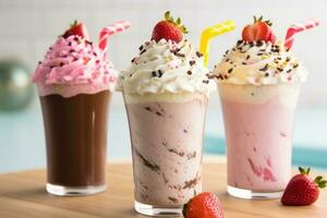 Trois milkshakes Chocolat fraise professionnel nourriture la photographie ai généré photo