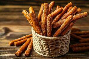 Stock photo de bretzel des bâtons ou bretzels dans le cuisine table professionnel nourriture la photographie ai généré