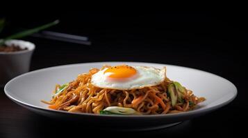 Stock photo de frit nouille avec Oeuf légume nourriture la photographie génératif ai