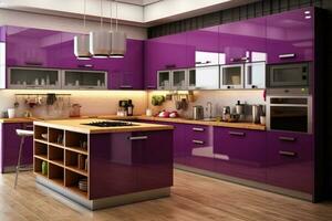 Stock photo de moderne bois violet cuisine ultra ai généré