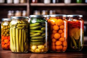 en conserve des légumes dans le cuisine table nourriture la photographie ai généré photo