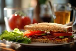 Stock photo de en bonne santé petit déjeuner avec sandwich éditorial nourriture la photographie génératif ai