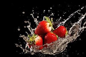 Stock photo de l'eau éclaboussure avec tranché des fraises isolé nourriture la photographie génératif ai
