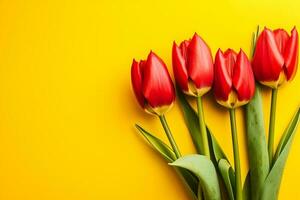 Orange tulipes plus de Jaune surface, Pâques. anniversaire, mère journée salutation carte concept avec copie espace. Haut voir, plat poser. pour bannière. ai généré photo