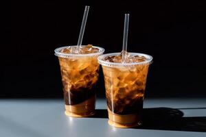 Stock photo de glacé café dans Plastique tasses avec paille isolé nourriture la photographie génératif ai