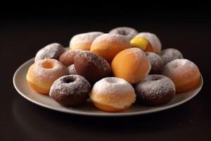 Stock photo de une lot de mélanger Donut avec glaçage sucre nourriture la photographie génératif ai