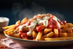 Stock photo de frit frites avec tomate sauce et Mayonnaise nourriture la photographie génératif ai