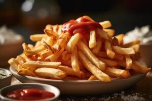 Stock photo de frit frites avec tomate sauce et Mayonnaise nourriture la photographie génératif ai