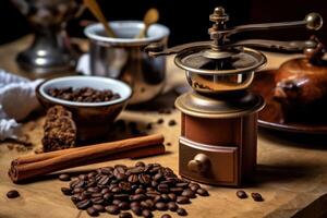 Stock photo de faire traditionnel moudre café et des trucs nourriture la photographie génératif ai