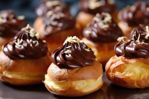 Stock photo de choux Pâtisserie avec Garniture Chocolat et tranche amande nourriture la photographie génératif ai