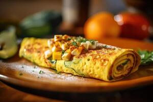 Stock photo de en bonne santé petit déjeuner avec tamagoyaki Japonais roulé omelette nourriture la photographie génératif ai