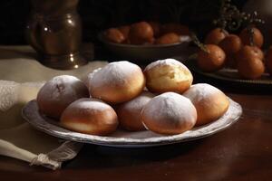 Stock photo de bombolonis italien beignets plus Garniture nourriture la photographie génératif ai