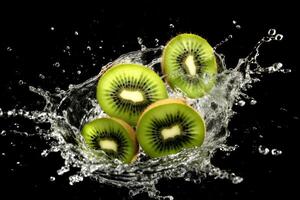 Stock photo de l'eau éclaboussure avec tranché kiwi isolé nourriture la photographie génératif ai