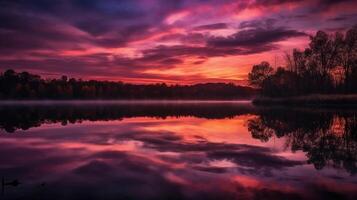 une scène dans lequel le tout rose ciel est réfléchi dans le l'eau. ai génératif photo