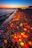 à nuit, le blanc plage est plein de coloré embrasé créatures et transparent embrasé cailloux. ai génératif photo