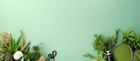 une vert mur avec une paire de les ciseaux et une mis en pot plante établi avec génératif ai La technologie photo