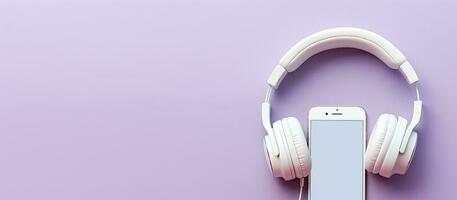 une paire de écouteurs et une cellule téléphone sur une violet Contexte établi avec génératif ai La technologie photo