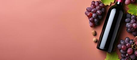 une bouteille de du vin et certains les raisins sur une rose Contexte établi avec génératif ai La technologie photo