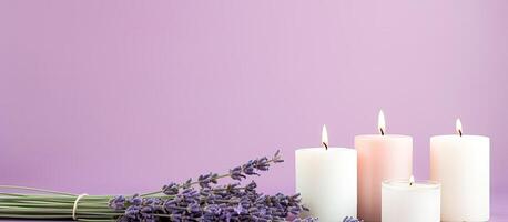 une bouquet de bougies séance sur Haut de une table établi avec génératif ai La technologie photo