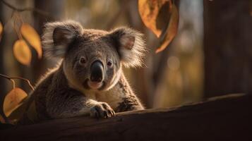 majestueux koala perché dans une noueux gencive arbre photo