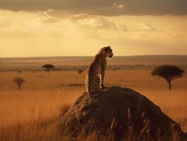 une solitaire guépard en dessous de le africain lever du soleil photo
