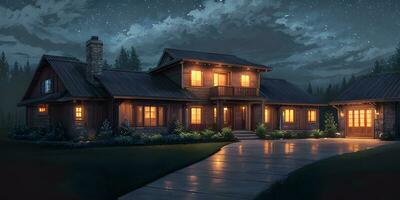 nuit maison Extérieur extérieur dans réaliste illustration environnement établi avec génératif ai La technologie photo