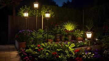 luxueux brillant lumières jardin environnement établi avec génératif ai La technologie photo