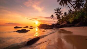 expérience tropical félicité dans une plage de clair comme de l'eau de roche des eaux, balancement paume des arbres, et vibrant le coucher du soleil. génératif ai photo