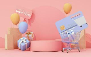 3d rendre de achats vente promotion bannière en ligne. plein achats Chariot sur podium avec achats sac et Chariot et crédit carte. concept de génial rabais, adapté pour noir Vendredi et anniversaire. photo