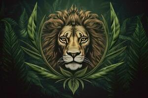 logo tête de une Lion dans cannabis feuilles sur une foncé arrière-plan, marijuana animal médicament génératif ai photo