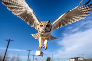 hibou oiseau livrer une paquet génératif ai photo