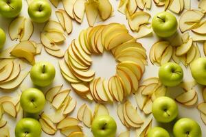 Pomme arrière-plan, Pomme tranches et pommes propager en dehors sur une blanc table Haut vue génératif ai photo