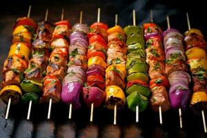 pièces de Viande et pièces de des légumes sur une bâton, juteux savoureux kebab sur une foncé arrière-plan, Haut vue génératif ai photo