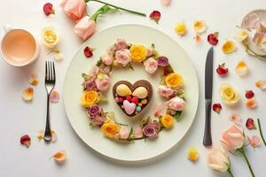 table réglage pour les amoureux avec rose fleurs et cœur Haut vue génératif ai photo