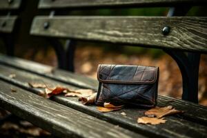 perdu noir Sac à main sur banc génératif ai photo