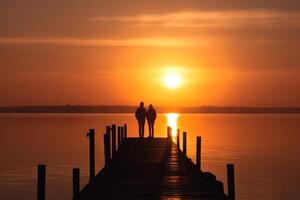 couple dans l'amour sur le pont admiratif le le coucher du soleil Soleil dans mer génératif ai photo